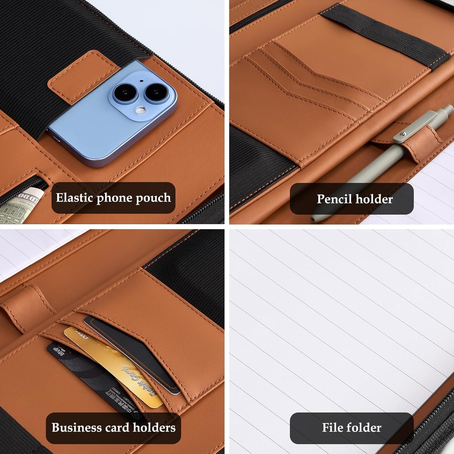 ProCase Portfolio Business Padfolio Folder with Zipper, Conference Meeting Executive File Legal Document Organizer with Pockets Letter Size A4 Writing Pad Notepad Padfolio -Black