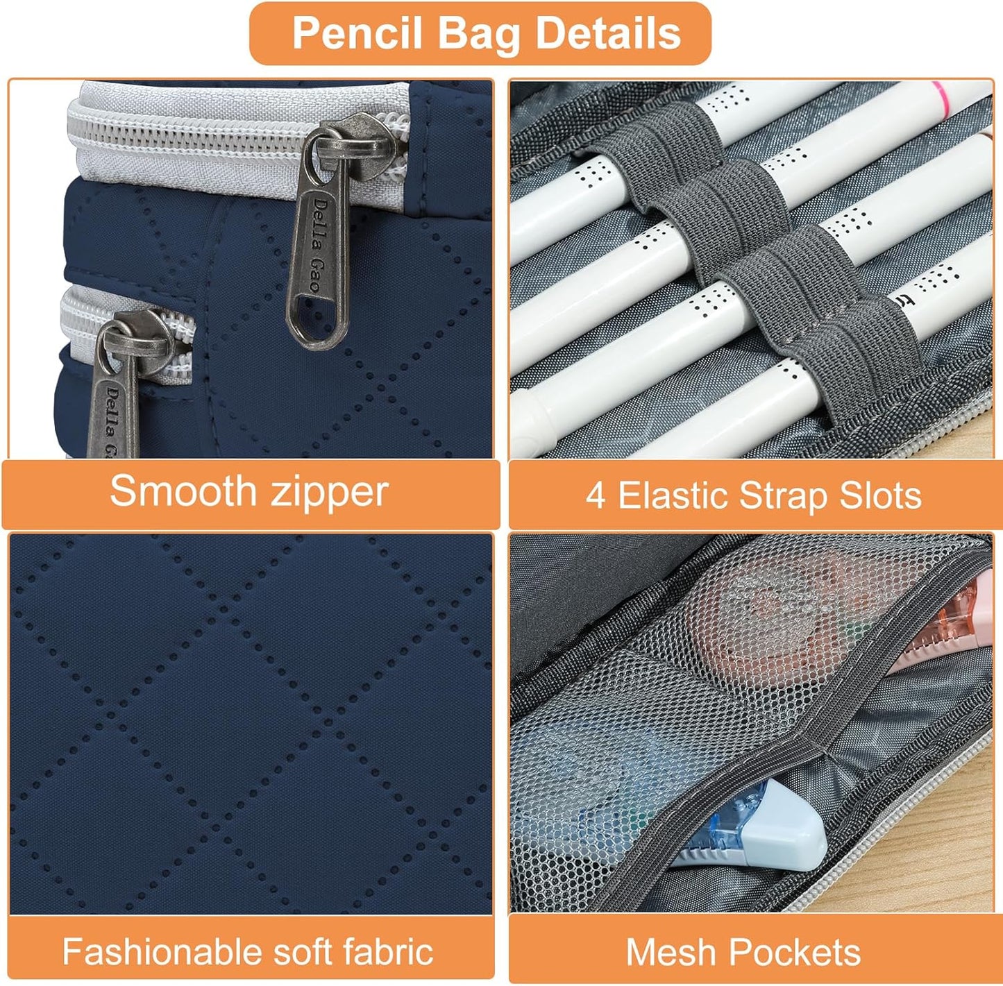 Della Gao Large Pencil Case, Big Capacity Pencil Pouch with 2 Compartments, Office Pencil Bag with Zipper, Big Pen Case for Adults (01-Black)