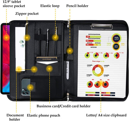 ProCase Portfolio Business Padfolio Folder with Zipper, Conference Meeting Executive File Legal Document Organizer with Pockets Letter Size A4 Writing Pad Notepad Padfolio -Black