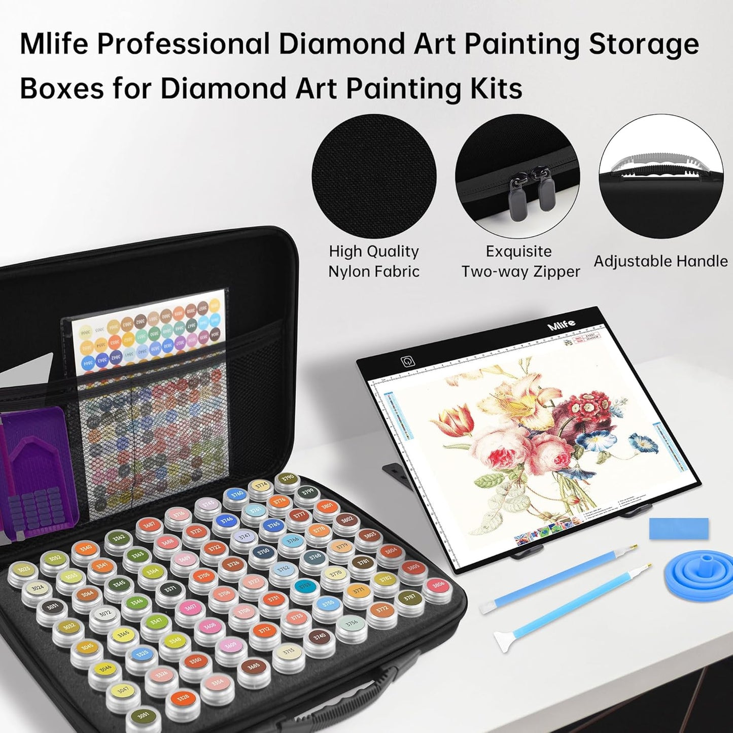 Mlife Diamond Painting Storage Boxes,1 Diamond Painting A4 Light Box Tracing Light Board with 3 Brightness, 80 Slots Bead Storage with 5D Diamond Art Accessories and Tools Kit（Purple）