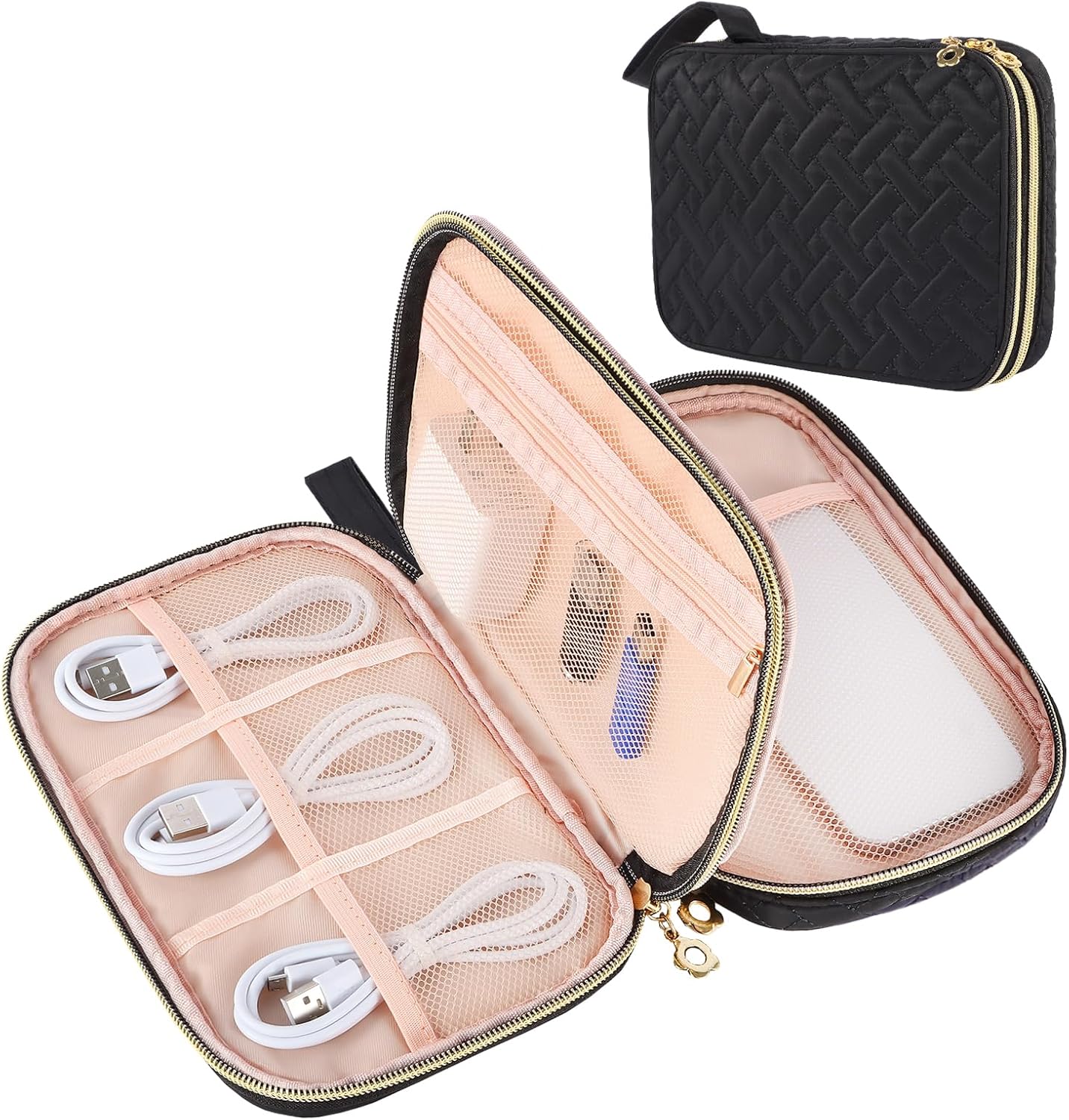 Electronics Organizer Travel Case, Charger Bag Cord Organizer Travel, Compact Tech Pouch Cable Organizer Bag for Charger, Cords, Phone, Headphones, Flash Drive, SD Card (Pink, Small-Double Layer)
