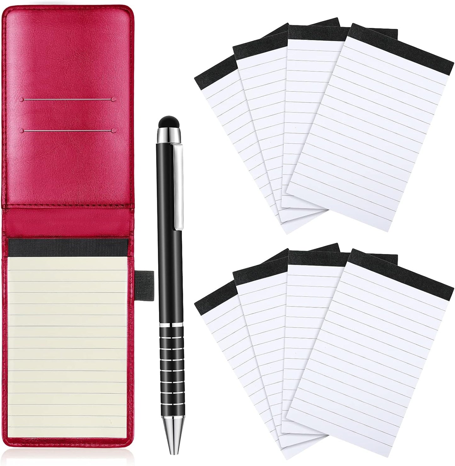 Outus 10 Pcs Mini Pocket Notepad Holder Set Included Small Leather Pocket Notebook Holder with 50 Lined Sheets, Metal Pen, 8 Pcs 3 x 5 Inch Memo Book Refills, 30 Lined Paper Per Note Pad (Black)