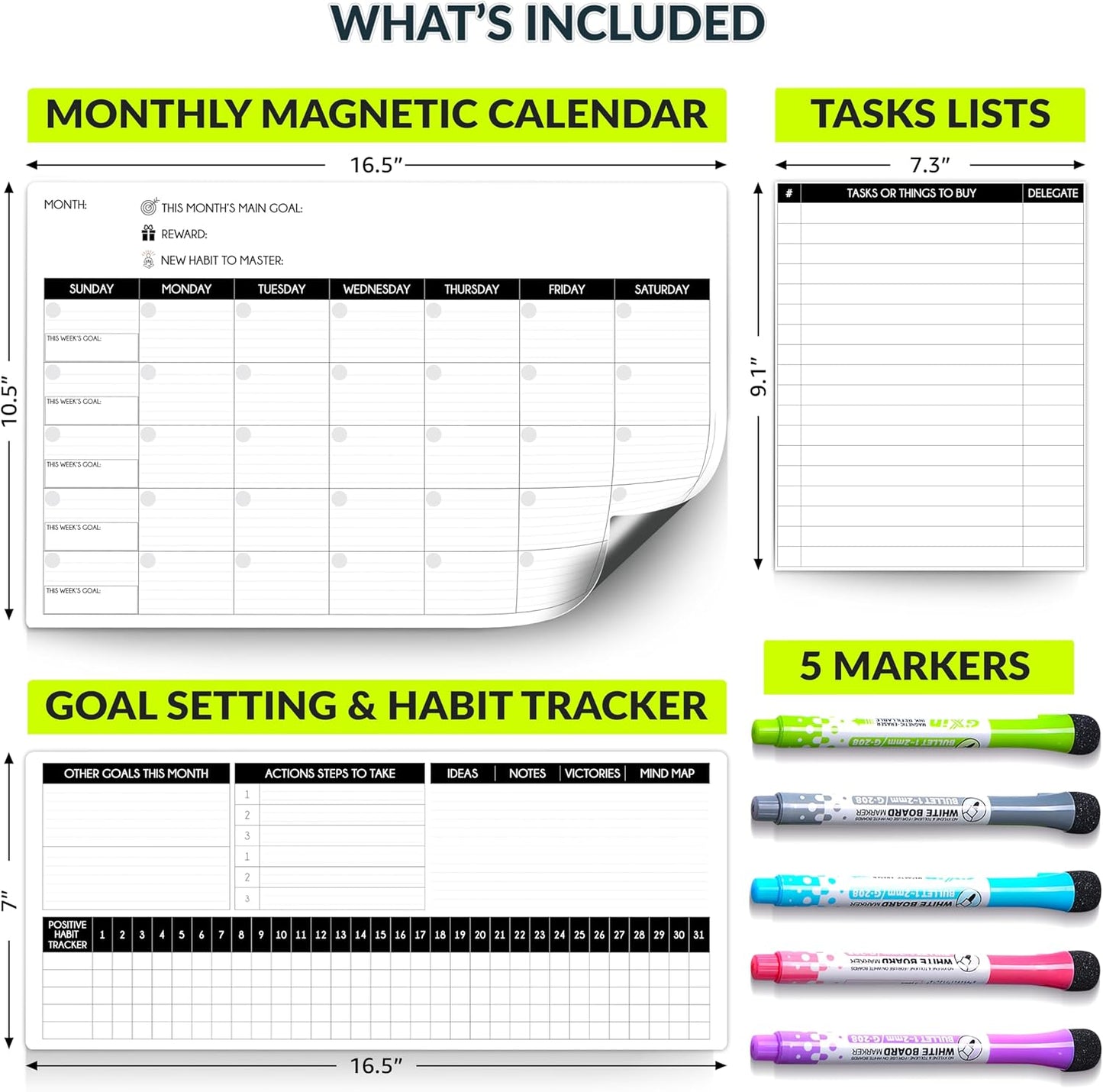 Magnetic Whiteboard for Fridge - Large Dry Erase Calendar for Wall | 2 Magnetic Dry Erase Board 10.5" x 16.5" & 7" x 16.5", Monthly Goal Setting & Habit Tracker, 5 Markers and 6 Adhesive Hooks