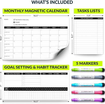 Magnetic Whiteboard for Fridge - Large Dry Erase Calendar for Wall | 2 Magnetic Dry Erase Board 10.5" x 16.5" & 7" x 16.5", Monthly Goal Setting & Habit Tracker, 5 Markers and 6 Adhesive Hooks