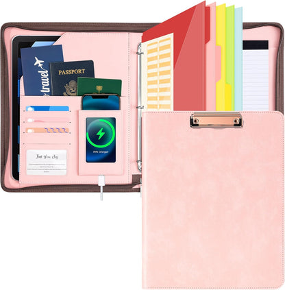 Ospelelf Zippered Padfolio Organizer, Faux Leather 3 Ring Binder with Clipboard, Letter Size Business Portfolio with Notepad, Tablet Sleeve & Phone Pockets for Office Work Brown