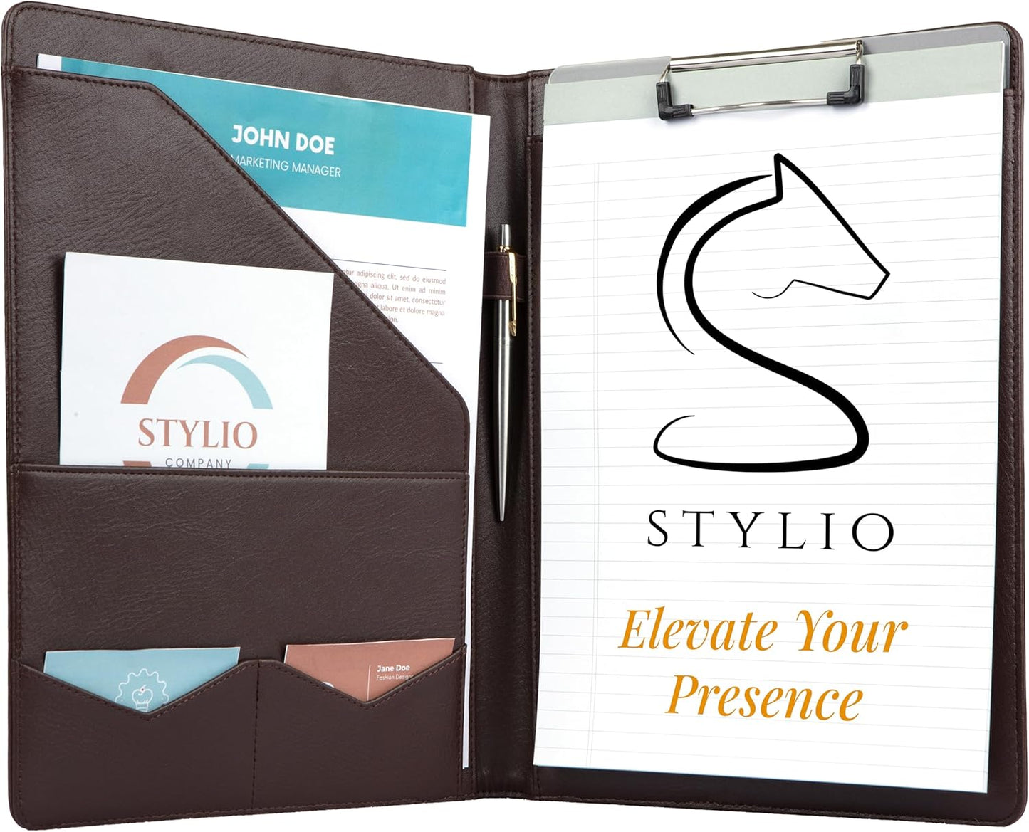 STYLIO Padfolio Portfolio Organizer Binder | Interview Resume Folder, Legal Document, Business Card Holder |w/Letter-Sized Notepad | Handsome Piano Noir Faux Leather Folio Matte Finish, Accent Stitch