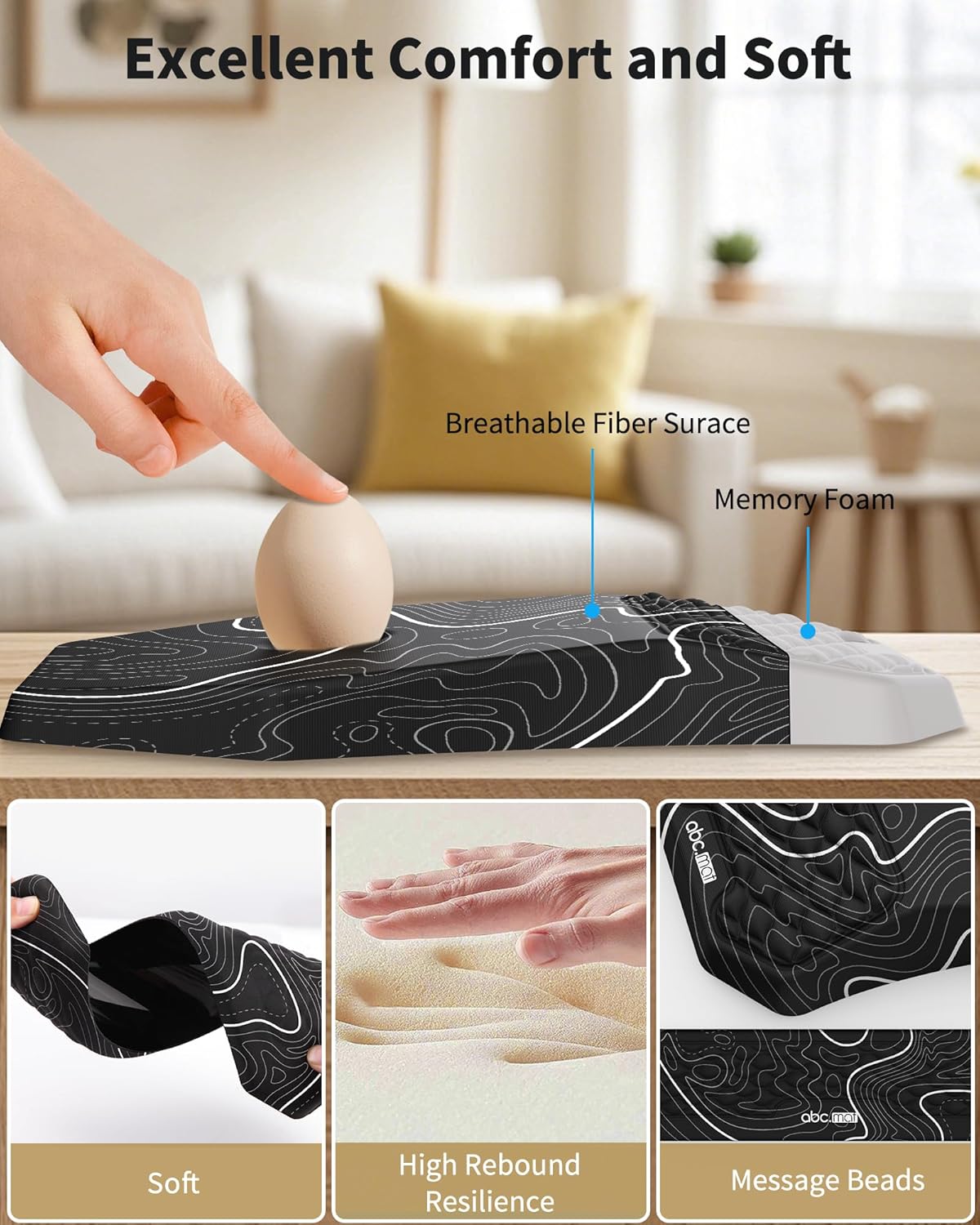 Ergonomic Mouse Pad and Keyboard Wrist Rest Support Set, Massage Design Mousepad for Carpal Tunnel Pain Relief, Memory Foam, Non-Slip PU Base for Computer Desk, Black