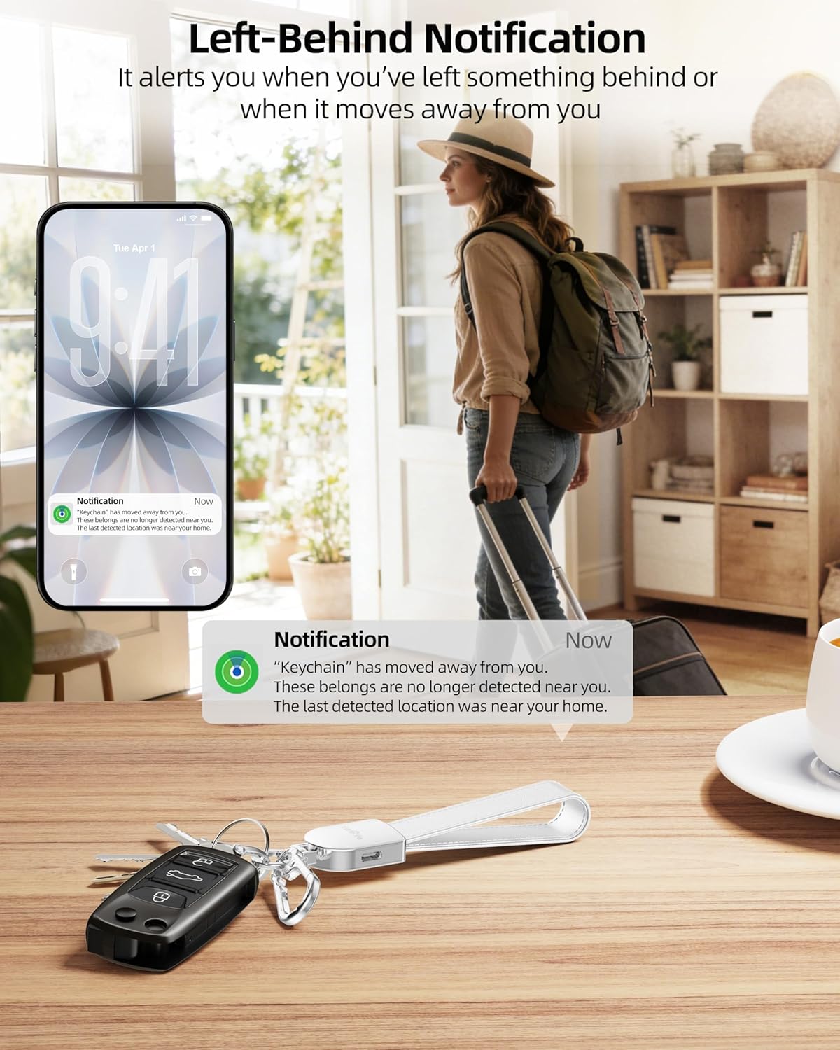 Keychain, Works with Apple Find My, Leather Car Keychain for Women and Men, Car Key Fob Holder, Key Chain with GPS Tracker, Anti-Lost Smart Keys Finder, Rechargeable, Black