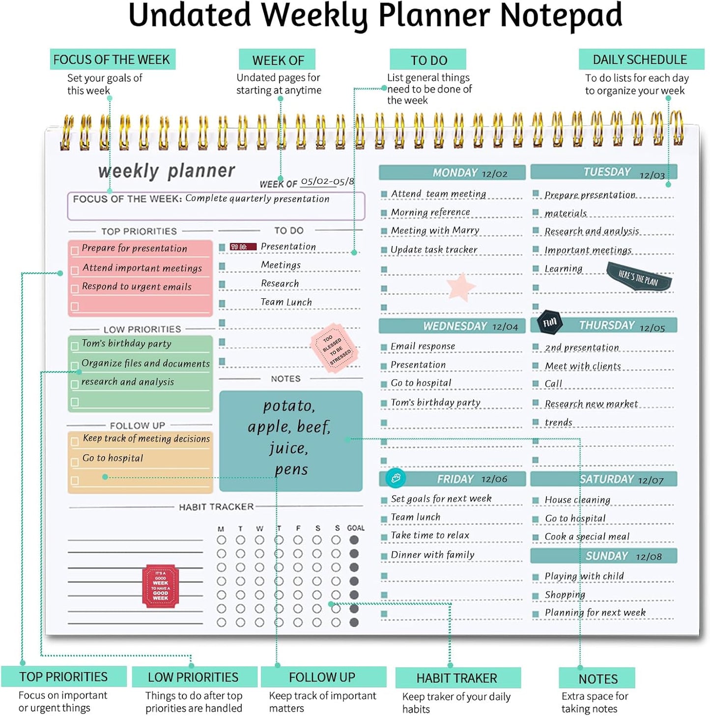 Weekly To Do List Notepad, 8.5''x11'' Weekly Desk Planner with 52 Tear Off Sheets Undated Weekly Planner Habit Tracker & Productivity Organizer for Home and Work, Pink