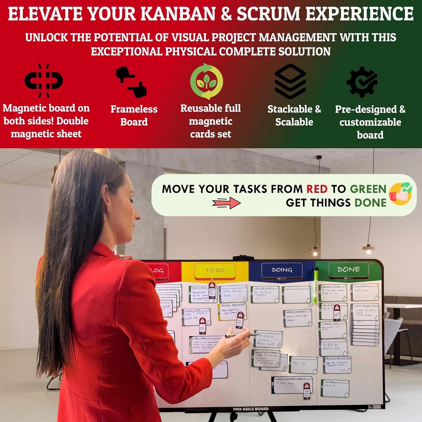 Full Magnetic Agile Board Kit (42" 23") Kanban & Scrum Dry Erase Project Management Board with 84 Magnetic Cards, Easel Stand & Accessories