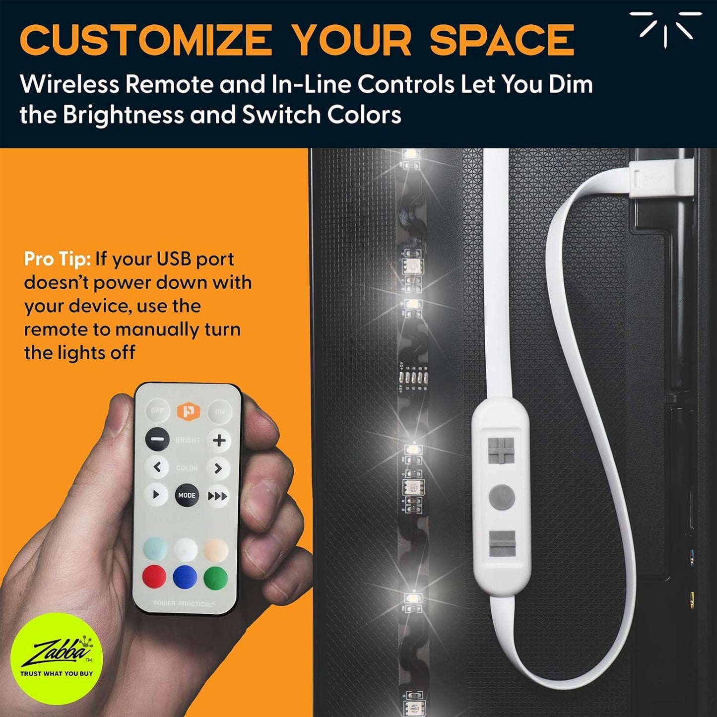 Luminoodle Color Bias Lighting, USB TV and Monitor Backlight LED Strip Lights Kit with Dimmer, Remote - 6.6 ft for 24" to 60" TV - Medium