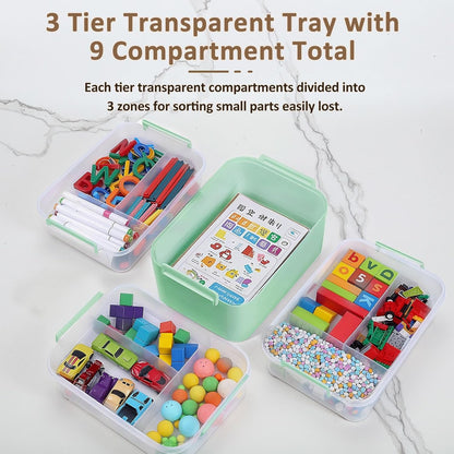 3-Layer Plastic Craft Organizers and Storage Box with Removable Trays, Storage Containers with lids and Handle, Art Supply Storage Organizer for Bead, Ornament, Nail Polish, Tape（10.62"x9"x7.67"）
