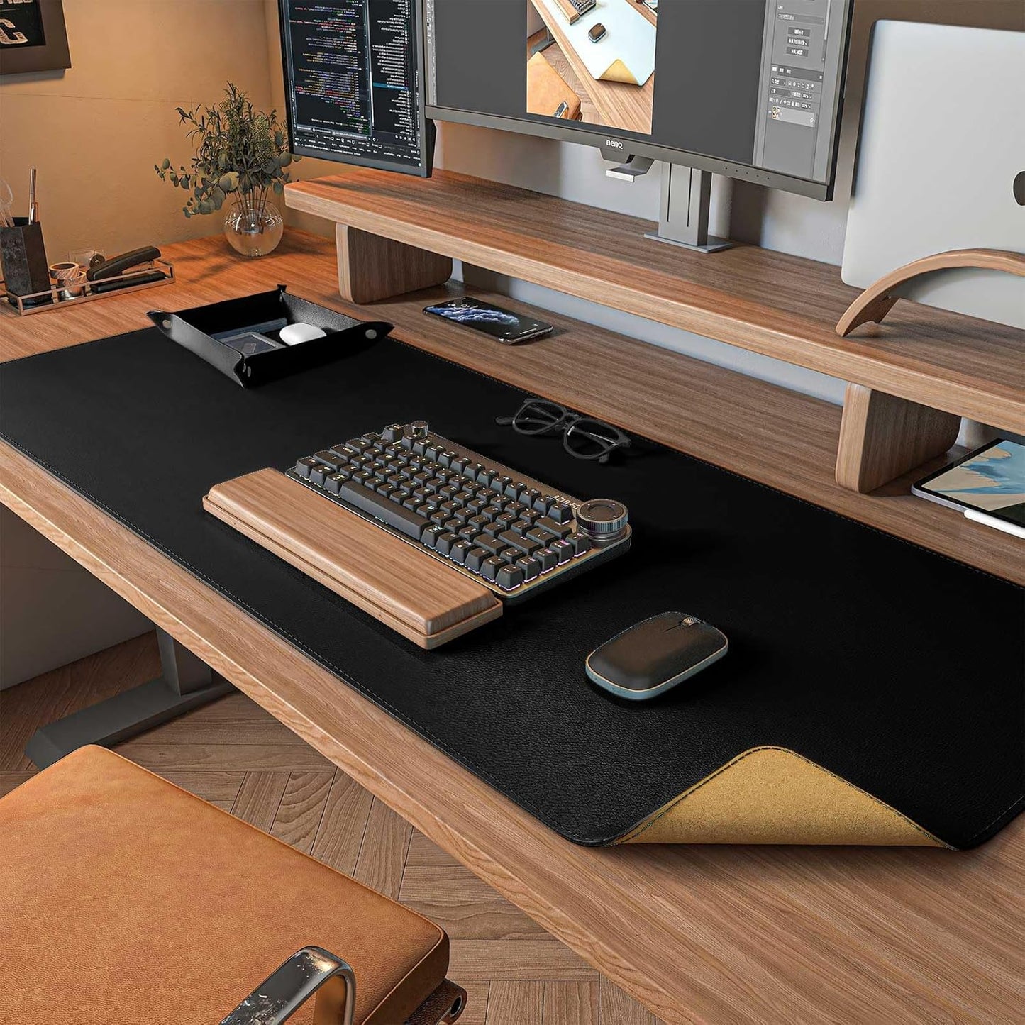 DAWNTREES Dual Sided Desk Mat,Leather Desk Pad,Brown 40"x16",Cork Desk Mat Protector,with PU Leather Valet Tray Organizer,Large Mouse Pad,Desk Writing Pad for Office and Home