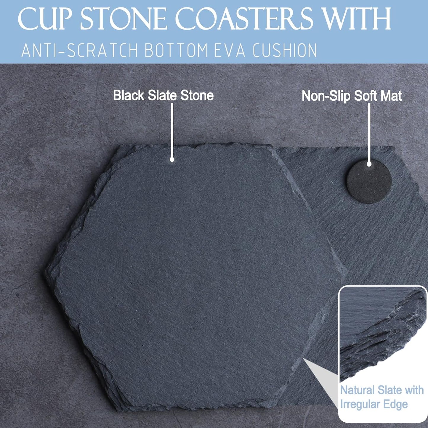 Black Nature Stone Round Coasters Set of 2, Cup Coasters Absorbent Anti-Scratch, Furniture Table Desk Drink Coaster for Office Bar Kitchen Home, Stylish Décor Protects Wood & Glass Surfaces (2 Pack)