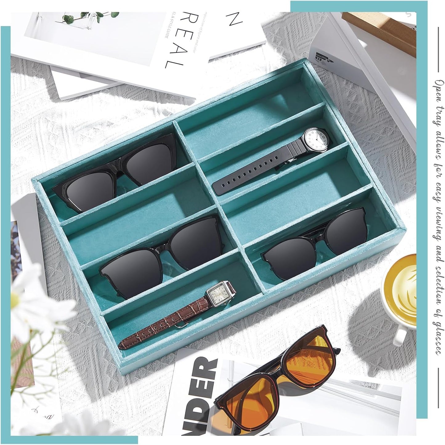Amylove 2 Pcs Sunglass Organizer Trays Glasses Stackable Jewelry Trays Sunglass Organizer Display Box(8 Grids,Beige)
