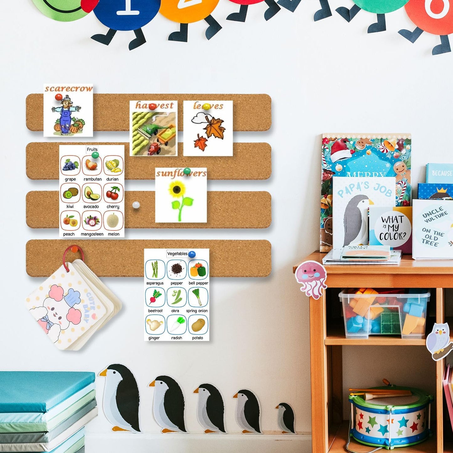 6 Pack Corkboard Strips for Walls, Self Adhesive Thick Cork Board Strips, Peel and Stick Cork Board with 50 Push Pins for Paste Notes, Photos, Schedules