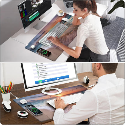 Wireless Charging Mouse Pad with Foldable Phone Holder, 31.5"x15.8" Large Desk Mat for Laptop/Keyboard, Waterproof Ultra-Smooth Surface, Non-Slip Base, Black