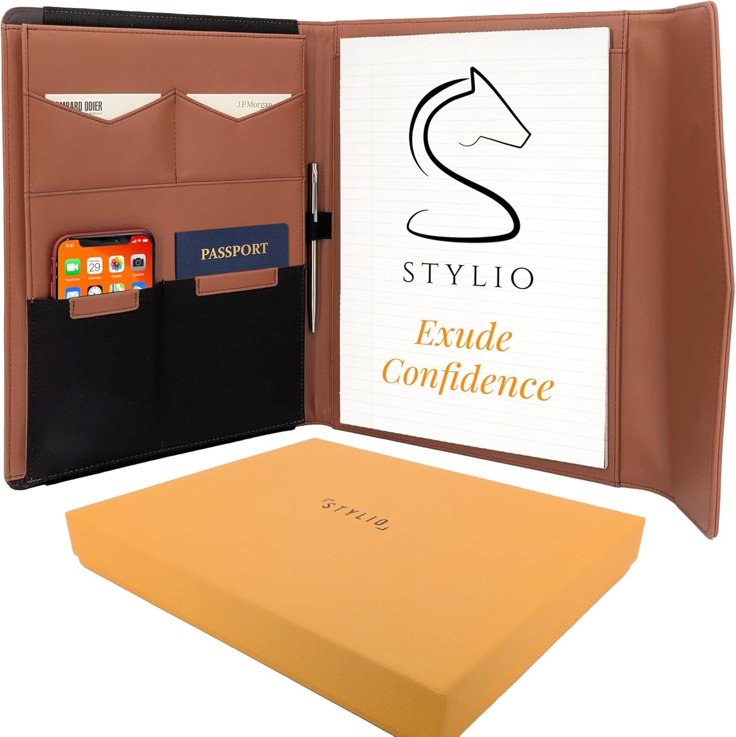 STYLIO Padfolio Portfolio Organizer Binder | Interview Resume Folder, Legal Document, Business Card Holder |w/Letter-Sized Notepad | Handsome Piano Noir Faux Leather Folio Matte Finish, Accent Stitch