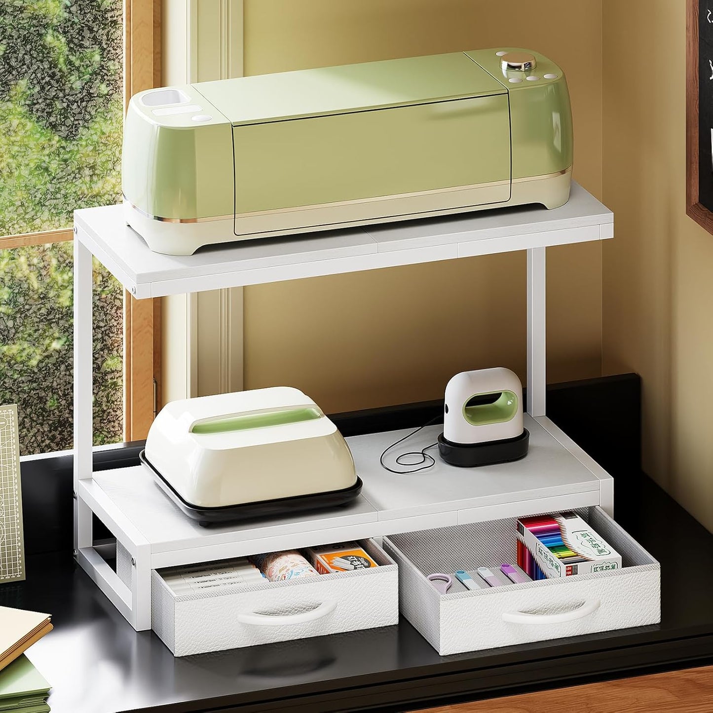 VENNQD Stand Compatible with Cricut Maker and Cricut Explore Air Series Stand Legs for 2 Cricut Machines Fully Open 2 Tier Desktop Craft Accessories Storage Organizer (White)