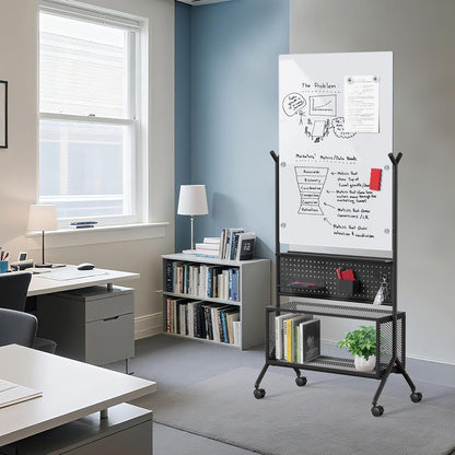 40 x 28 inch Mobile Magnetic Glass Whiteboard, Double-Sided Board with Felt Back and Storage for Office & Classroom, White