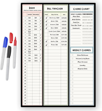 Magnetic Dry Erase Budget Planner and Bill Organizer | 10" x 14" Whiteboard Calendar for Wall or Fridge | Monthly Bill Tracker, Chore Chart, and Family Organizer | Dry Erasable Markers Included