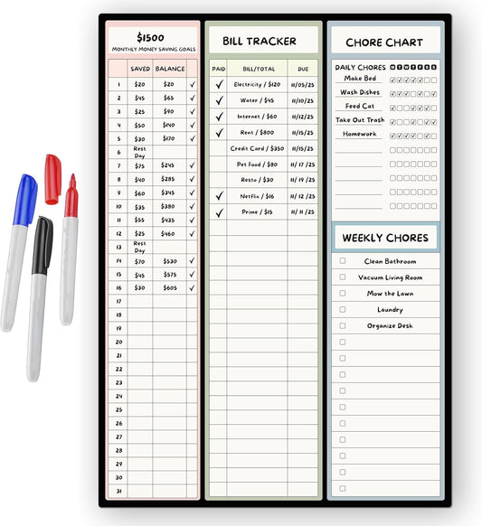 Magnetic Dry Erase Budget Planner and Bill Organizer | 10" x 14" Whiteboard Calendar for Wall or Fridge | Monthly Bill Tracker, Chore Chart, and Family Organizer | Dry Erasable Markers Included