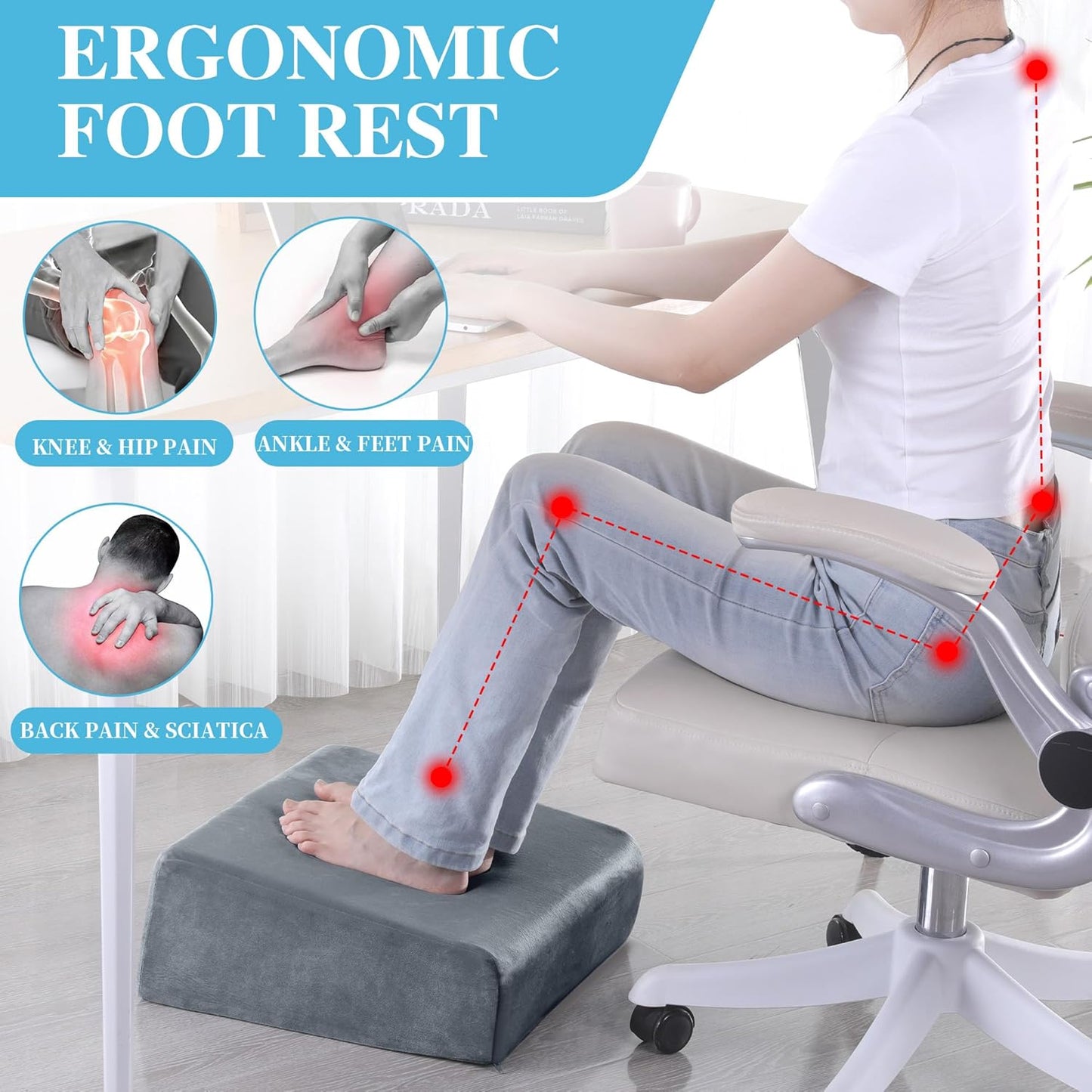 ROYALAY Adjustable Foot Rest Under Desk for Office, High-Density Foam Foot Rest with 3 Adjustable Heights, Ergonomic Footrest with Washable Cover for Home, Airplane, Travel(17 * 11 * 17in, Gray)