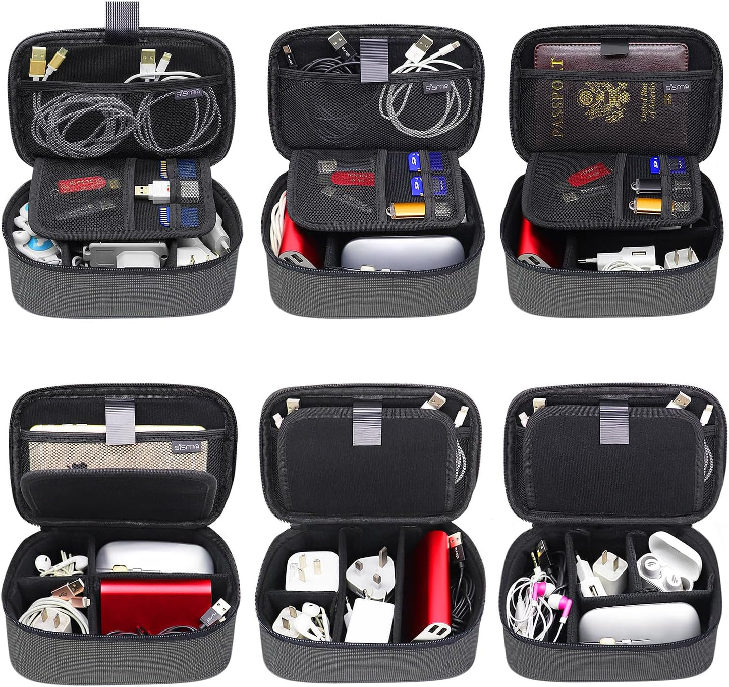 sisma Travel Electronics Organizer Small Carrying Case for Cables Phone Chargers USB Plugs Power Cords Earbuds Adapter Tech Accessories Pouch -Grey
