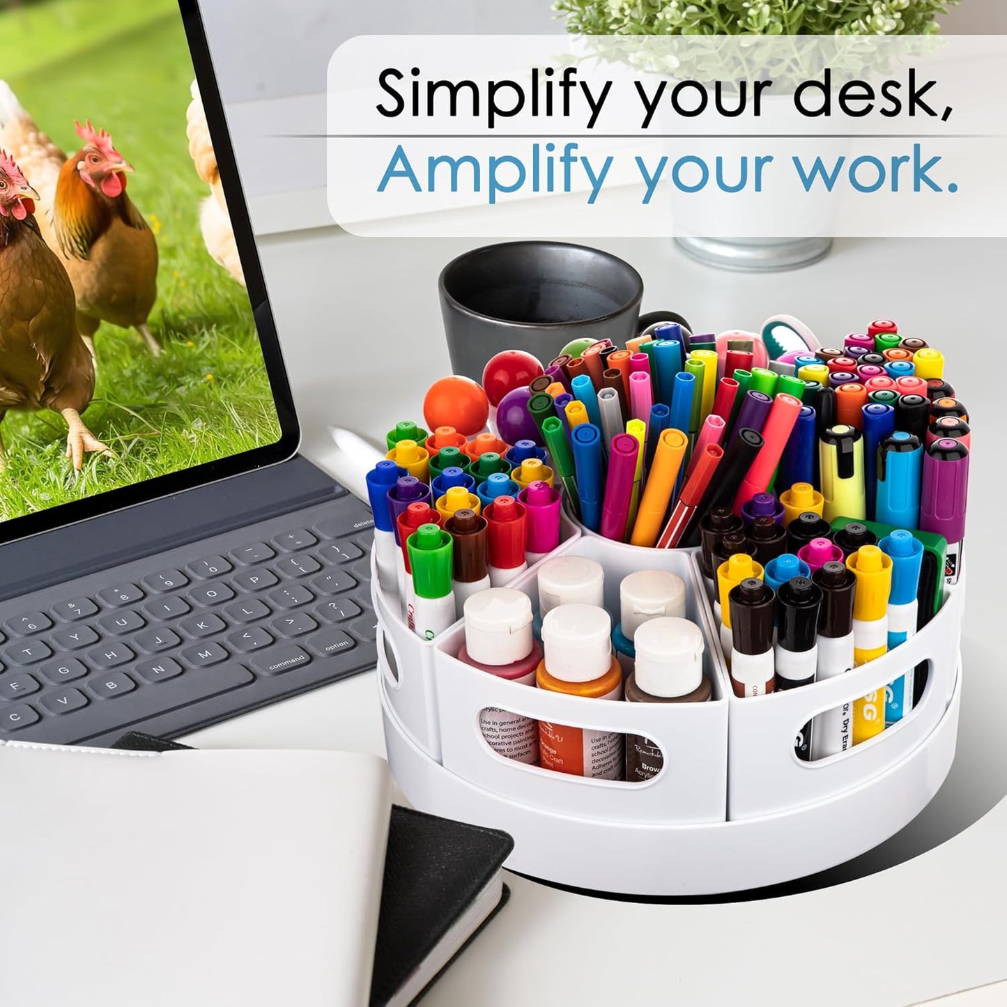 CraftGenes Art Supplies Organizer, Extra Large 360° Rotating Desk Organizer with 7 Removable Compartments, Marker Organizer for Home, Office, and Classroom, Crayon Holder