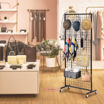 Eastern Tree 1 Pack 2.5'x 6' Three Pieces Grid Wall Panels Stand with T-Base, Black Wire Grid Wall Rack with Wheels, Craft Display Rack, Retail Display, Art Display, Extra More 10 Pieces Hooks