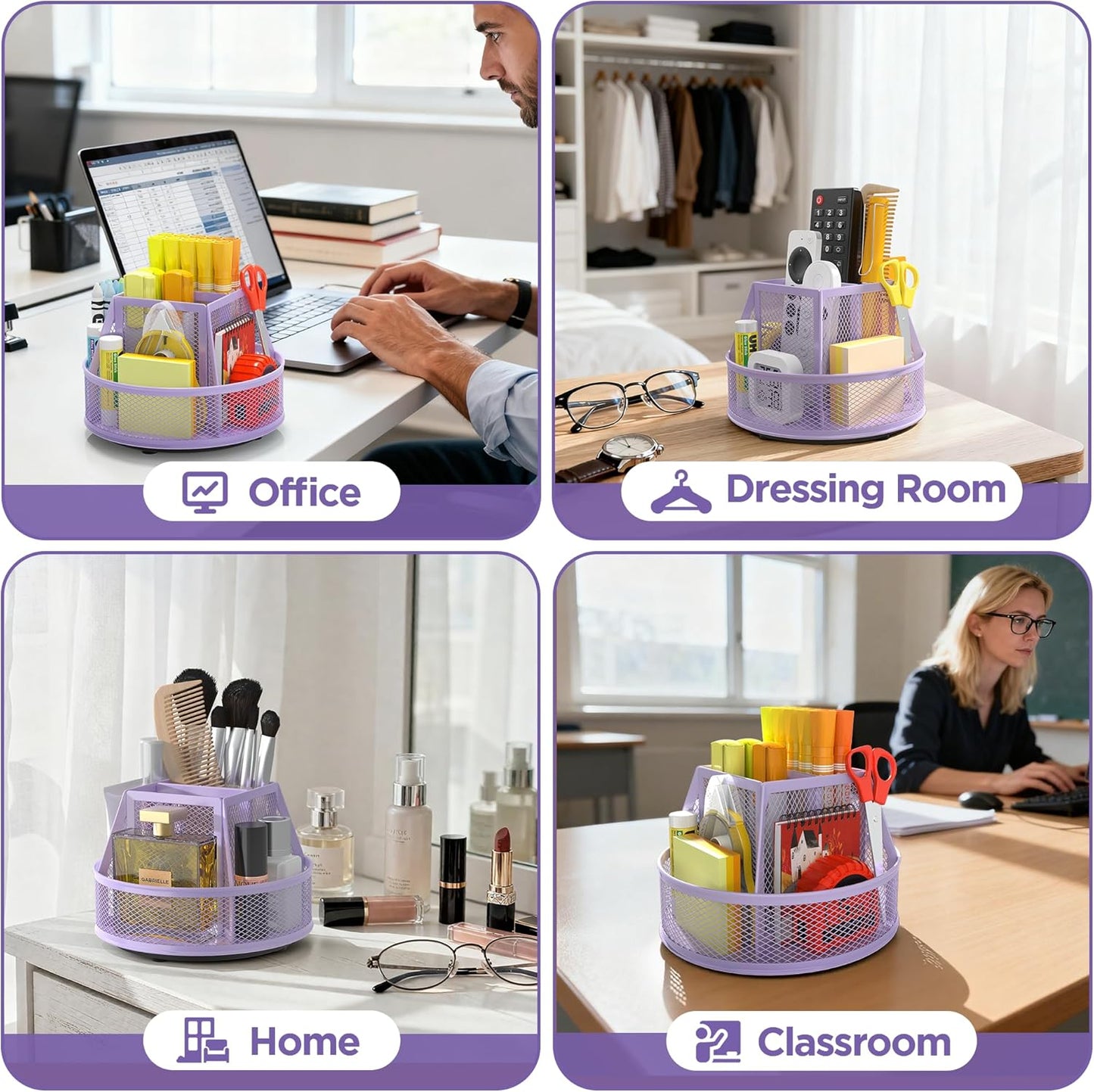 Docnest 360° Rotating Pen Holder,Heavy-Duty Metal Mesh Desk Organizer with 6 Compartments for Pencils,Scissors & Markers –Space Saving Office Supply for Teachers, Students & Home Desk-Black