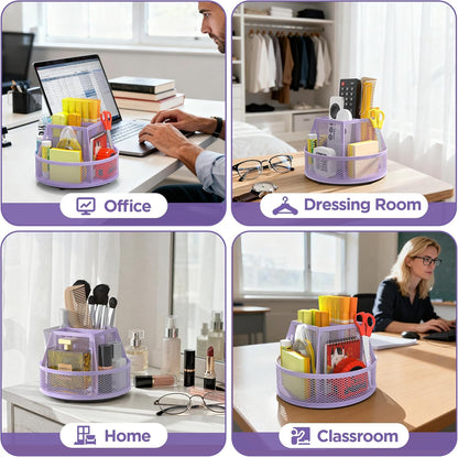 Docnest 360° Rotating Pen Holder,Heavy-Duty Metal Mesh Desk Organizer with 6 Compartments for Pencils,Scissors & Markers –Space Saving Office Supply for Teachers, Students & Home Desk-Black