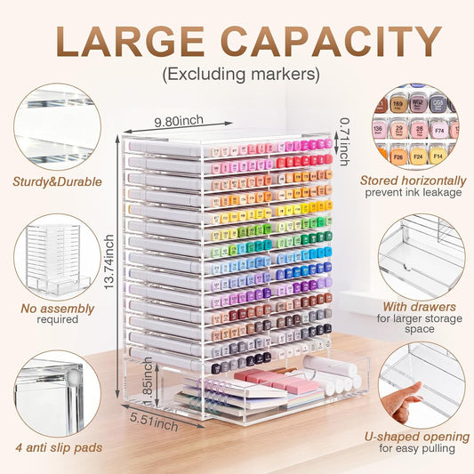 MotiMind Acrylic Marker Organizer with Drawer for 196 Markers, Large Art Marker Storage Rack with 28 Slots, Vertical Pen Holder Shelf for Art, Pens, Classroom Office Decor