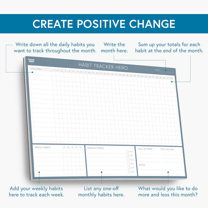Habit Tracker Hero Desk Pad by Clear Mind Concepts® – 24 Monthly Undated Tear-Off Sheets - 160gsm Thick Paper - Includes Daily & Weekly Sections - A4 Size (Grey Blue, A4 Landscape)