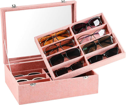 Frebeauty 16 Slots Sunglasses Organizer,2 Layer Velvet Sunglasses Tray with Glass Lid,Multiple Pairs Sunglass Display Case for Man or Woman,13.7 * 10.25 * 4.1 Inches Eyeglass/Eyewear Box (Beige)