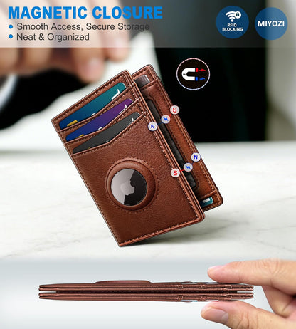 miyozi Airtag Slim Leather Wallet for Men - 12-Card Capacity, Magnetic Closure, Money Clip & Simplified Bill Compartment, RFID Blocking (4.3" x 3.0") | Gift Boxed