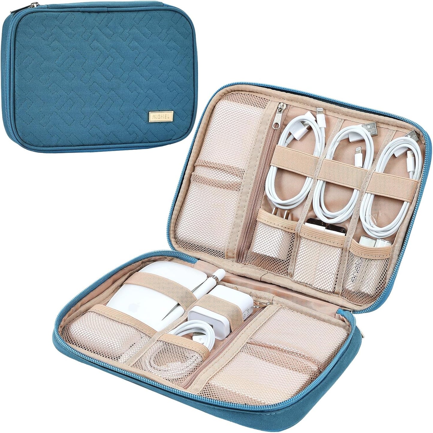 NISHEL Travel Cord Organizer Case, Tech Electronic Bag, Essentials for Charger, Cable, Phone, Hard Drive, USB, SD Card, Pink