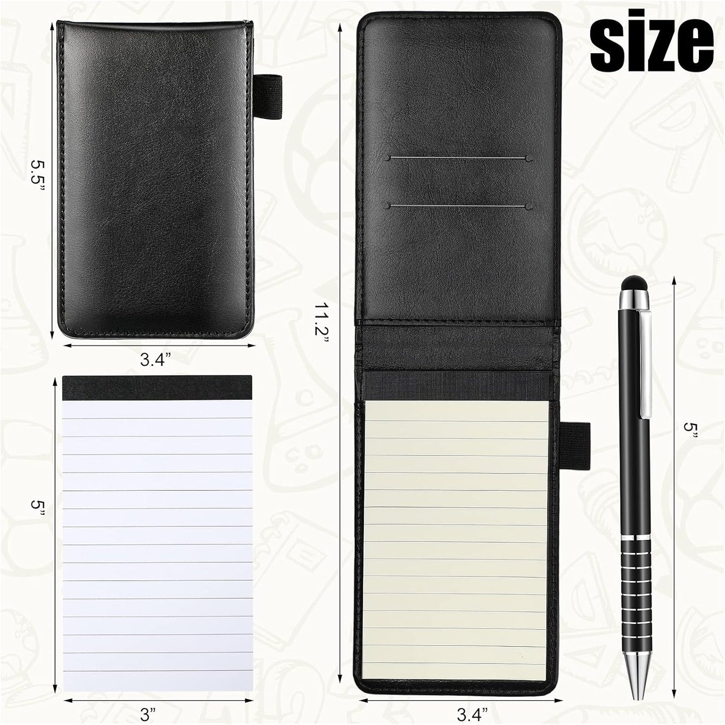 Outus 10 Pcs Mini Pocket Notepad Holder Set Included Small Leather Pocket Notebook Holder with 50 Lined Sheets, Metal Pen, 8 Pcs 3 x 5 Inch Memo Book Refills, 30 Lined Paper Per Note Pad (Black)