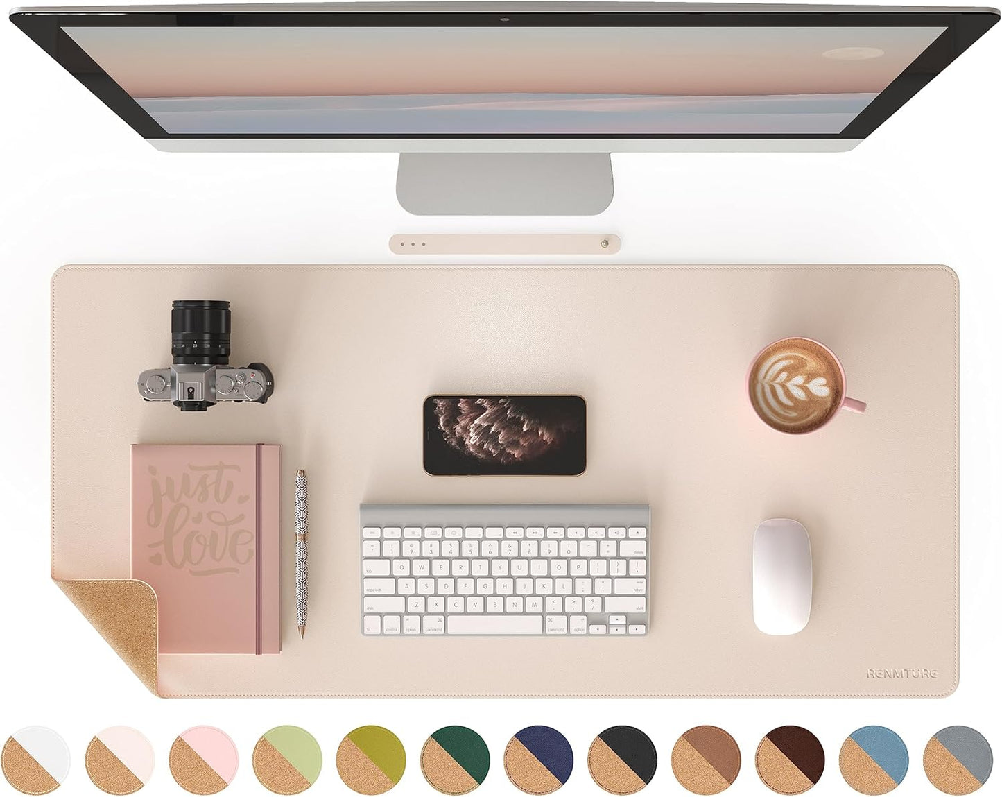 RENMTURE Dual-Sided Mouse Pad, Natural Cork & PU Leather Large Desk Pad for Office and Home Work, Desk Protector Non-Slip, Waterproof, Easy Clean (Olive Green, 32"x16")