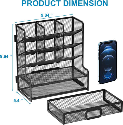 Marbrasse Larger Mesh Desk Organizer with Drawer, Multi-Functional Pen Pencil Holder, Easy Assembly, Desk Organizers and Accessories for Office Art Supplies (Black)