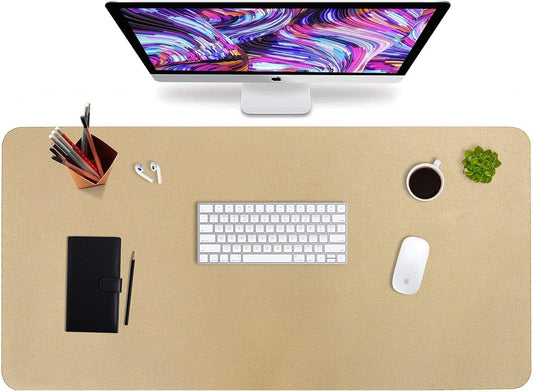 HofferRuffer Desk Pad, Office Desk Protector Mat, Waterproof Desk Mat for Desktop, Dual Side Use Faux Leather Desk Pad for Keyboard and Mouse for Office and Home (Gold+Cork, 31.5" x 15.8")