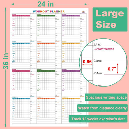 Large Dry Erase Workout Calendar For Wall, 24 X 36 Inch Reusable 12 Week Weight Loss Tracker Chart, Lightweight Gym Whiteboard Poster For Tracking Exercise, Body's Measurement & Circumference