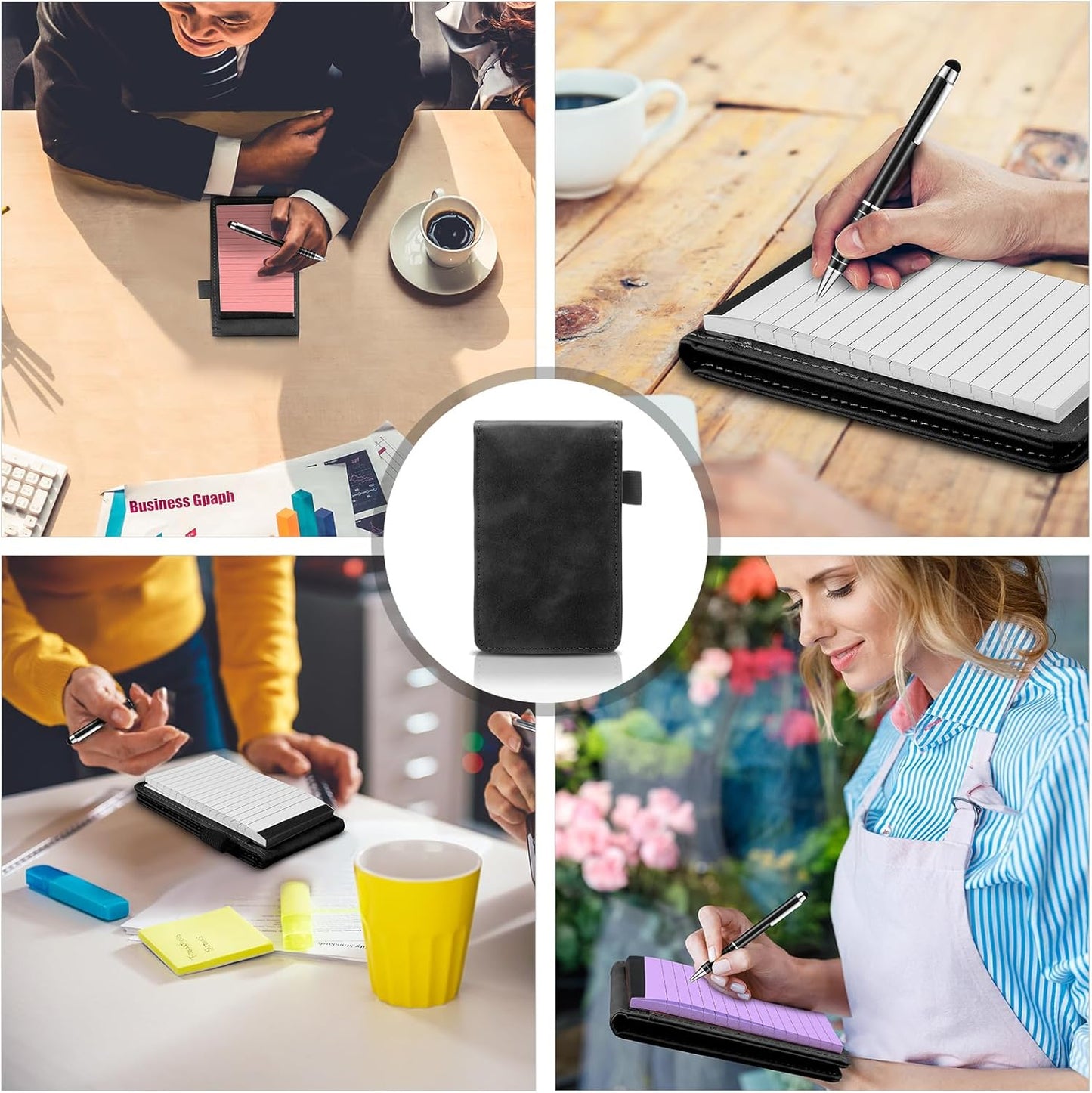 Outus 10 Pcs Mini Pocket Notepad Holder Set Included Small Leather Pocket Notebook Holder with 50 Lined Sheets, Metal Pen, 8 Pcs 3 x 5 Inch Memo Book Refills, 30 Lined Paper Per Note Pad (Black)