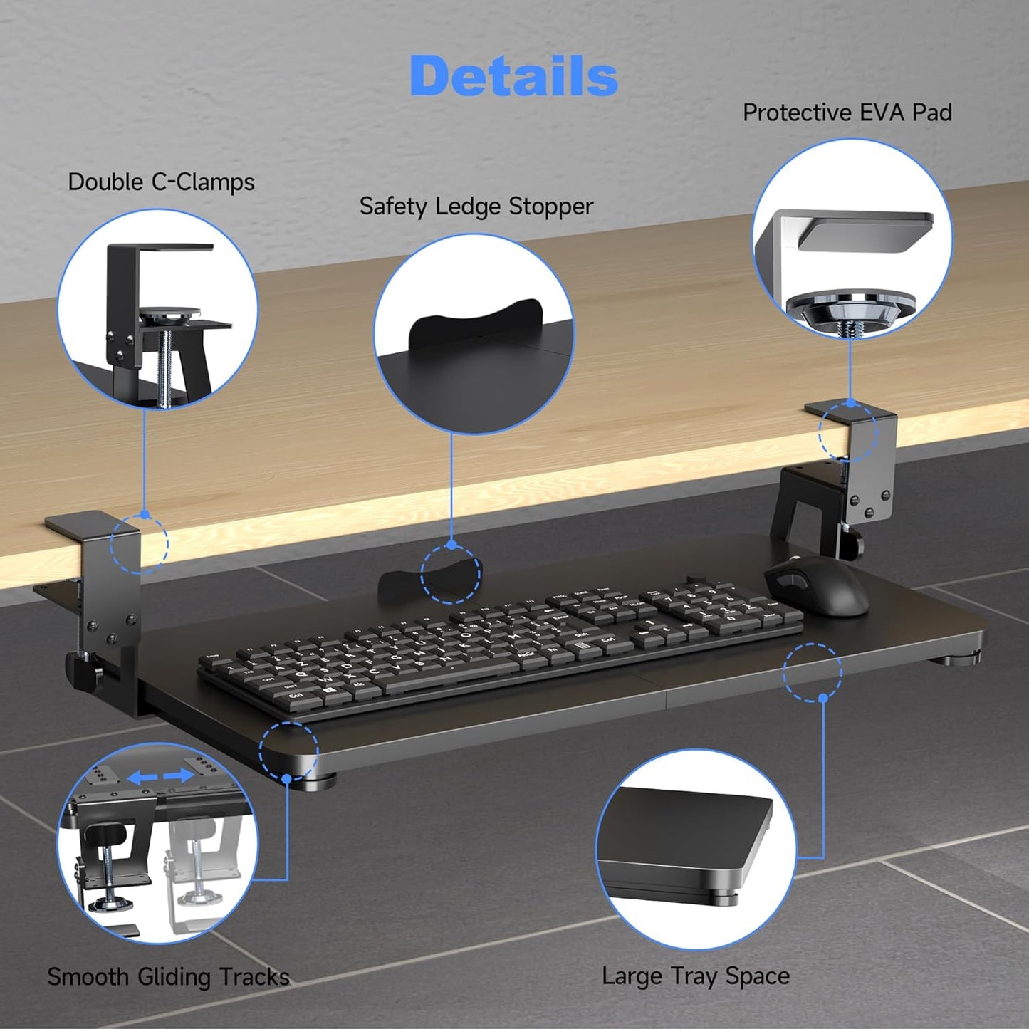 XINLEI Keyboard Tray Under Desk Large C-Clamp 25.6” (30” Including Clamps) x 11.8” Slide-Out Platform Computer Drawer Pull Out Keyboard & Mouse Tray Black DSF4