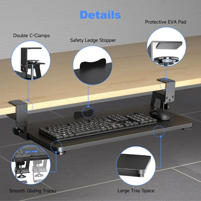 XINLEI Keyboard Tray Under Desk Large C-Clamp 25.6” (30” Including Clamps) x 11.8” Slide-Out Platform Computer Drawer Pull Out Keyboard & Mouse Tray Black DSF4