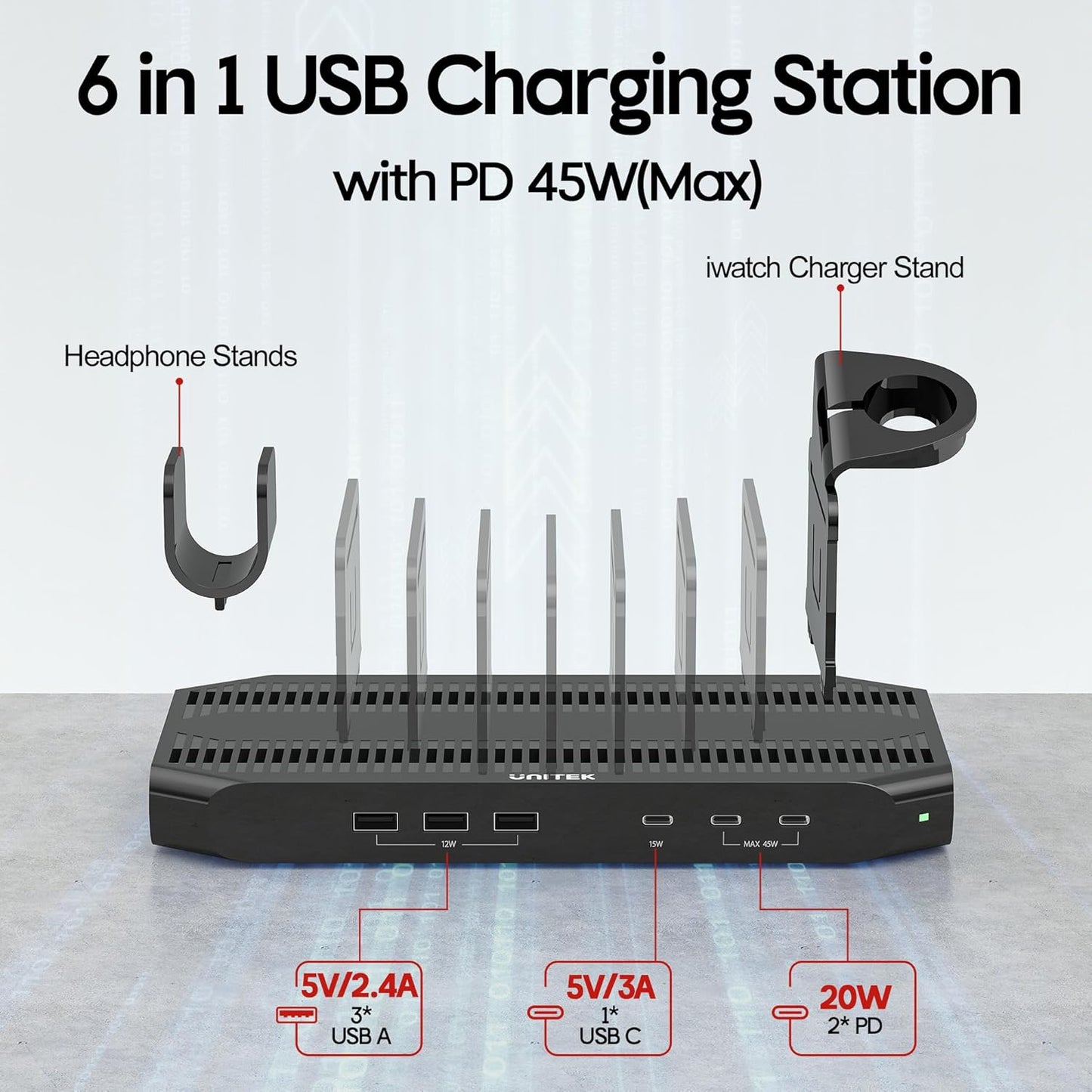 Unitek Multi Charging Station, 10-Port USB Charger for Multiple Device with SmartIC Tech and Adjustable Dividers, Organizer Stand Compatible with iPad, Tablet, Kindle, iPhone