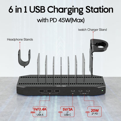 Unitek Multi Charging Station, 10-Port USB Charger for Multiple Device with SmartIC Tech and Adjustable Dividers, Organizer Stand Compatible with iPad, Tablet, Kindle, iPhone
