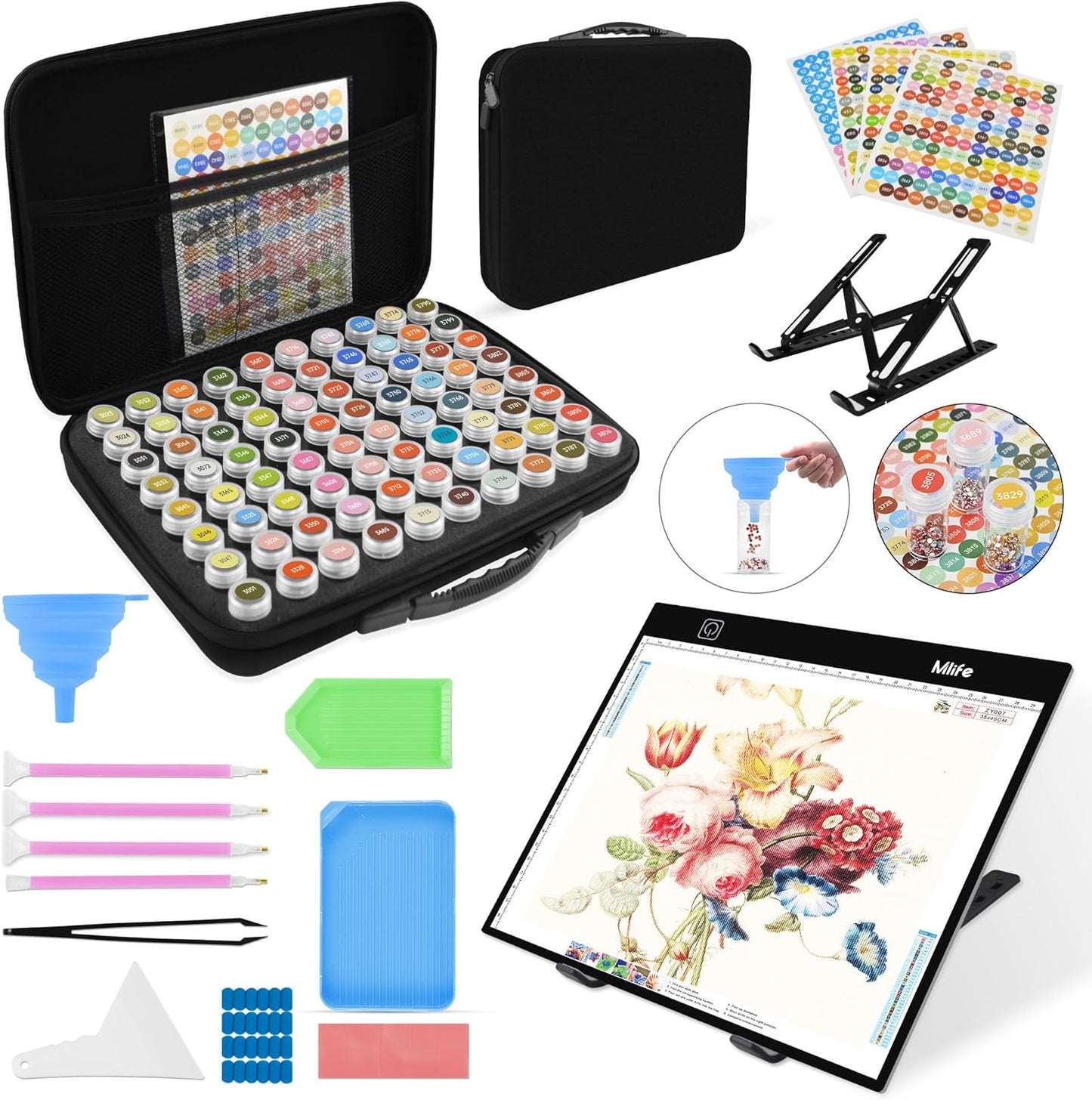 Mlife Diamond Painting Storage Boxes,1 Diamond Painting A4 Light Box Tracing Light Board with 3 Brightness, 80 Slots Bead Storage with 5D Diamond Art Accessories and Tools Kit（Purple）