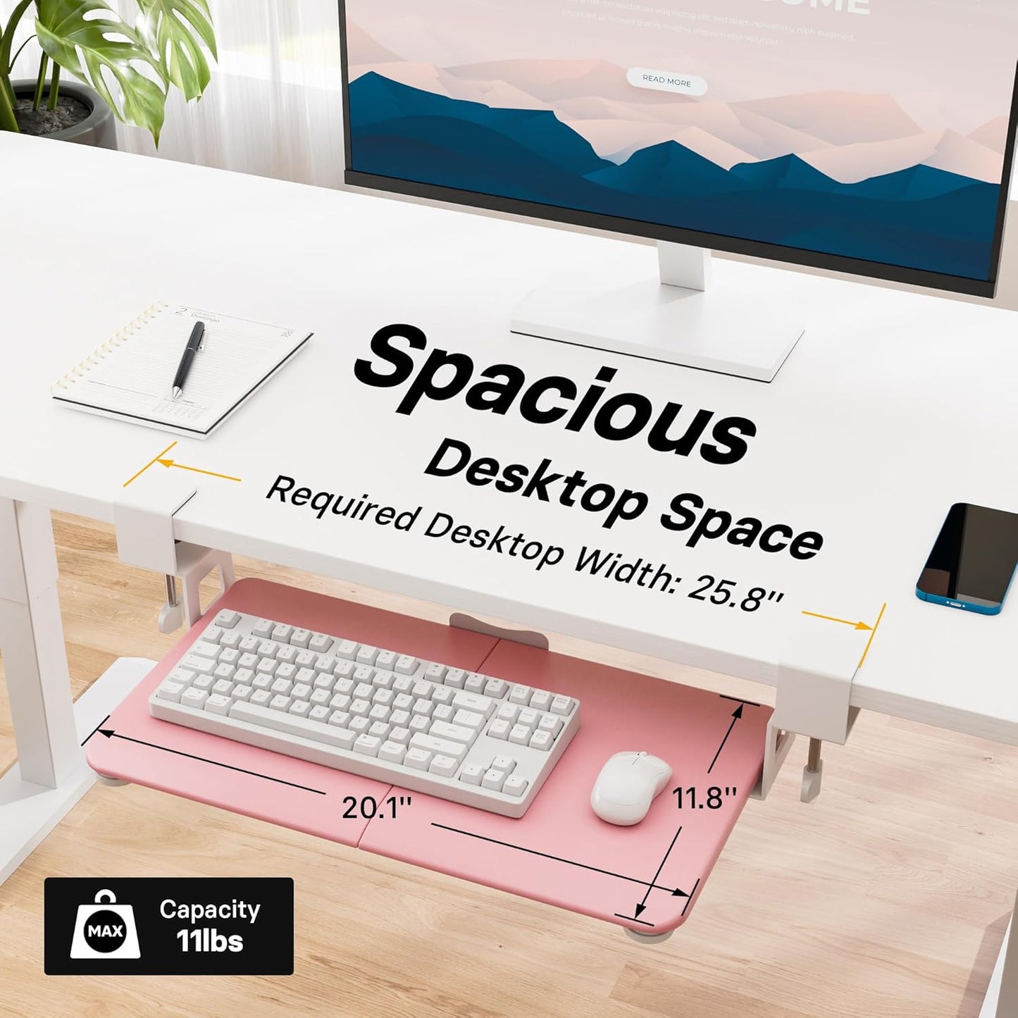 BONTEC KMT01 Under Desk Keyboard Tray, Pull-Out Keyboard & Mouse Platform with C-Clamp, 25.6 x 11.8 in Space-Saving Ergonomic Slide-Out Drawer, White