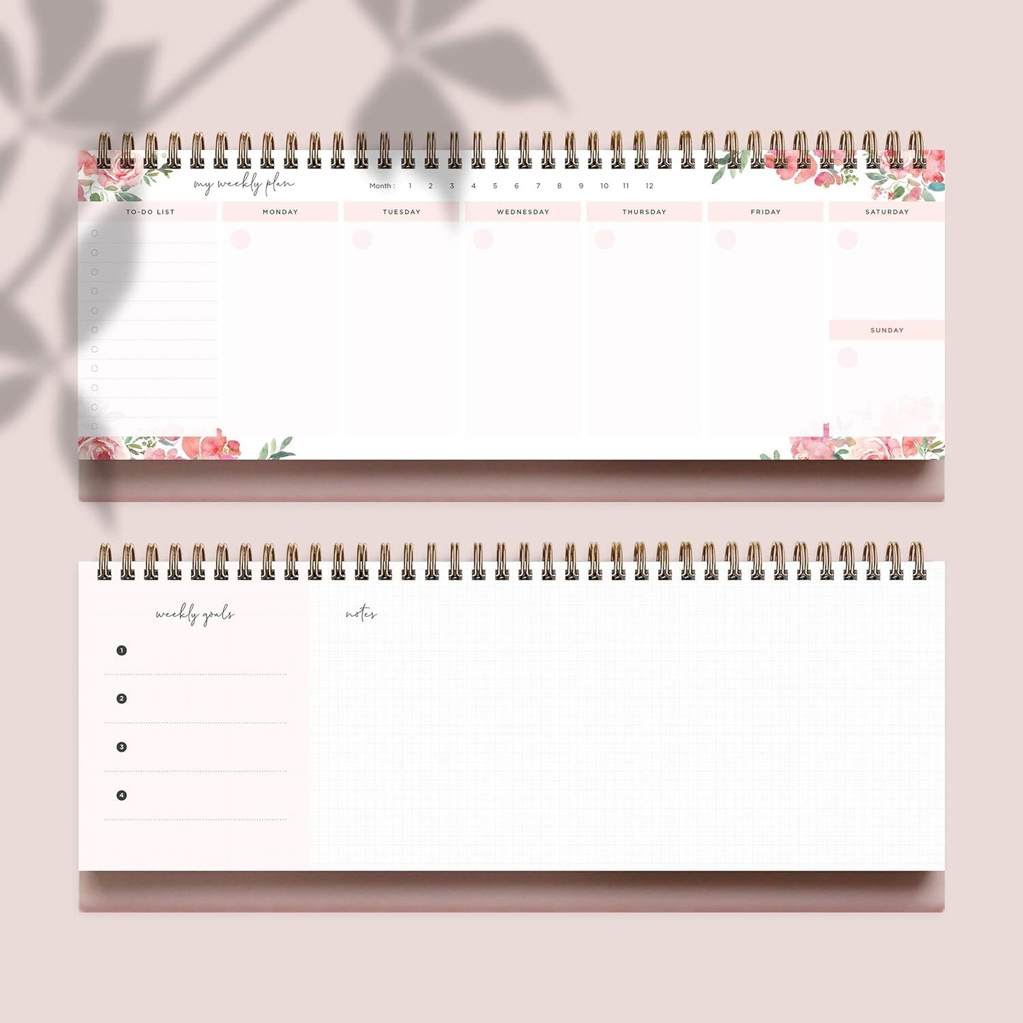 Belle Fleur Non-Dated Spiral Weekly Desk Calendar Planner, 60 Week Inspirational to Do List Pad Desktop Stand, 3.75" x 10.5", La Lune Collection by Bright Day